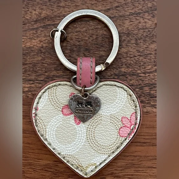COACH Tan & Pink Optic C Leather Heart Shape Bag Charm - Picture 1 of 4